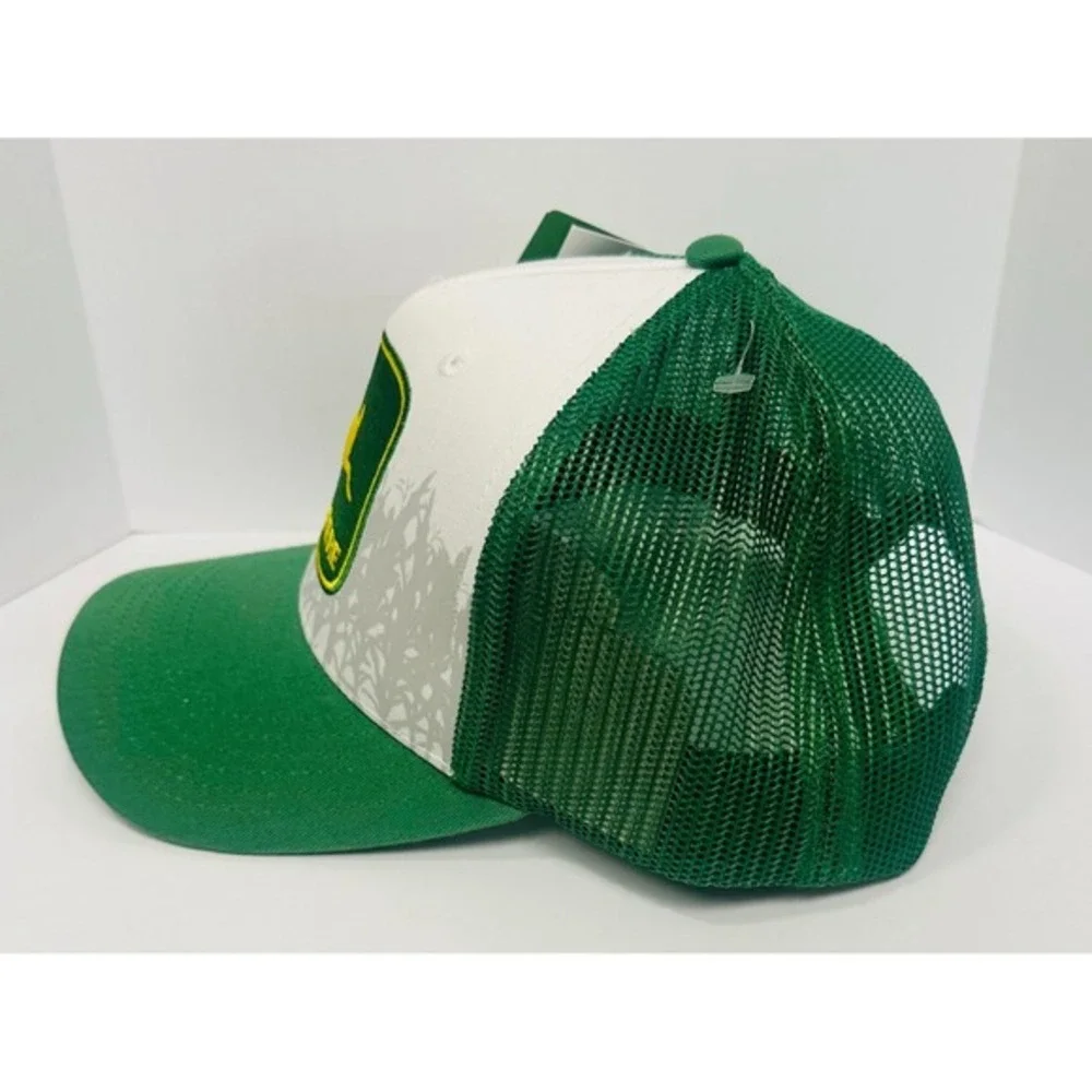 John Deere Embroidered Logo White & Green Trucker Snapback Mens Hat One Size NWT